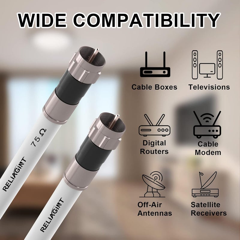 RELIAGINT 15ft RG6 Coaxial Cable White, 75 Ohm Coax Cable with F Connector & F81 Double Female Coupler, Low Loss High-Speed TV Antenna Extension Cord for HD TV, Satellite & Dish - Image 5
